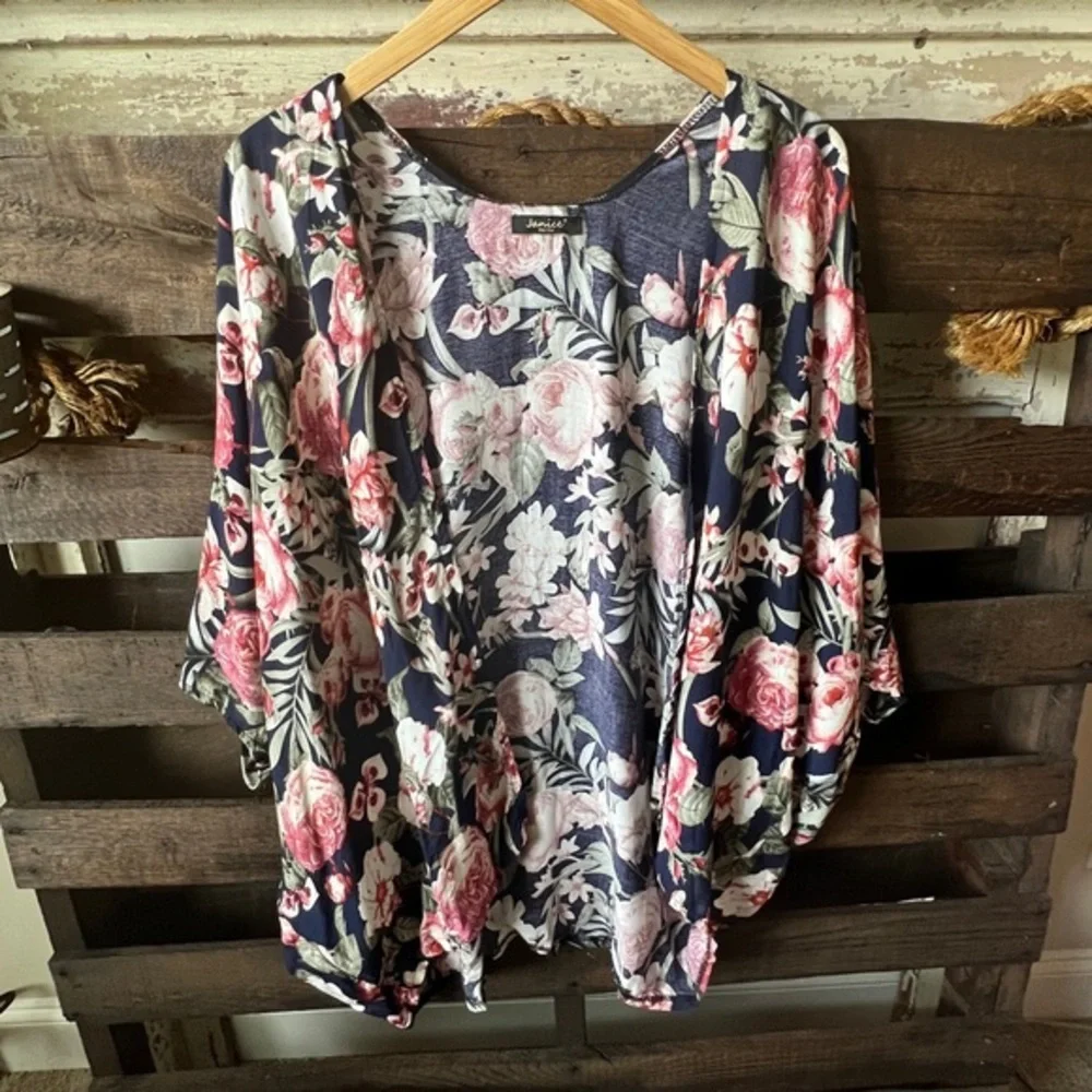 🟠JANICE Open-Front Cardigan in Navy/Floral Print-ONE SIZE